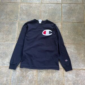 Champion Big C Logo Black Long Sleeve T-Shirt Size Medium Heavyweight Cotton
